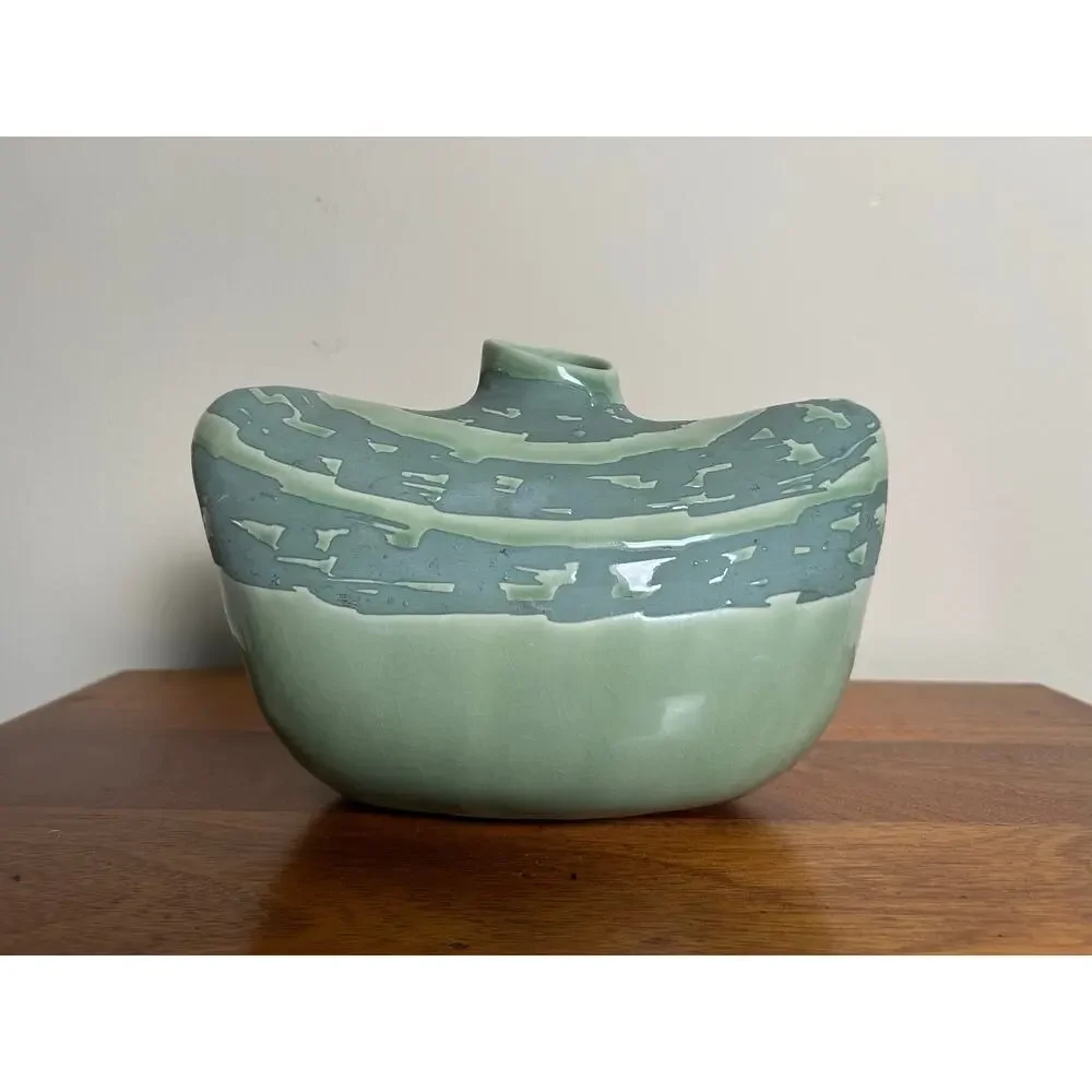 Vintage Kenshoma Studio Pottery Vase, Green Oval Ceramic Vase